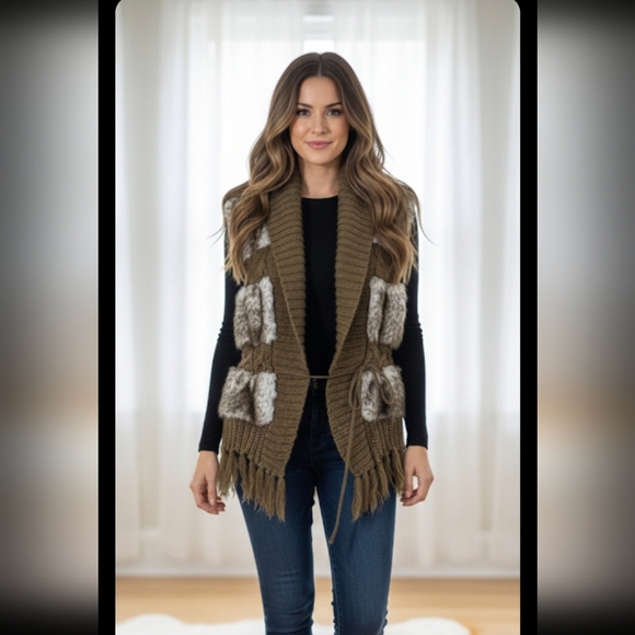 KIKIT Sweaters - Kikit Faux Fur Knit Sweater Vest Womens Open Tie Front Size M Brown